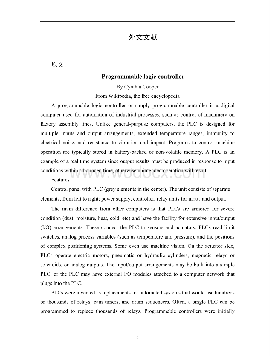 毕业设计论文 外文文献翻译 plc 可编程逻辑控制器 中英文对照.doc_第1页