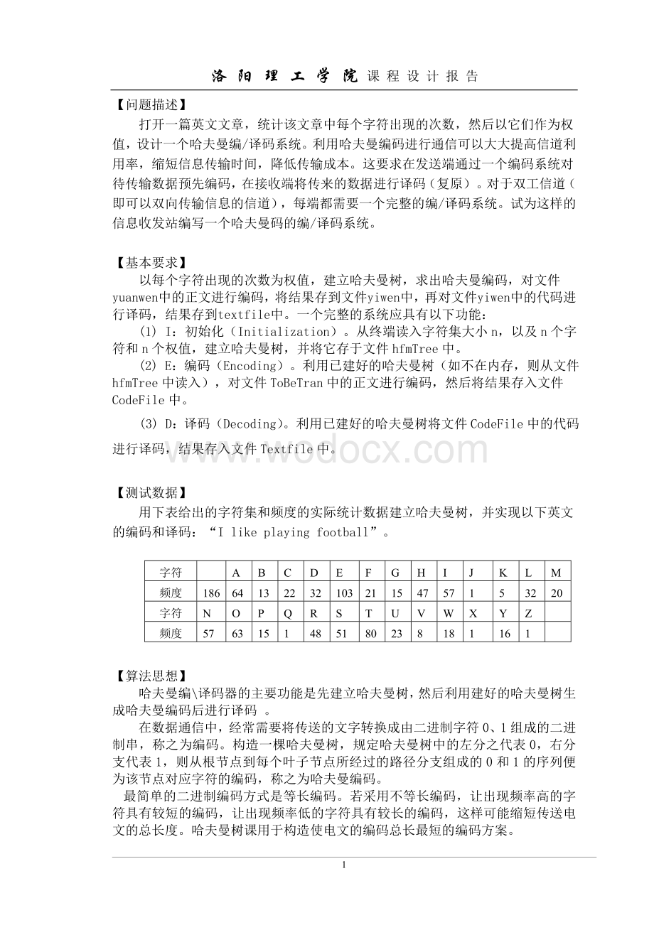 哈夫曼编译码器数据结构实践环节实验报告(课程设计).doc_第3页