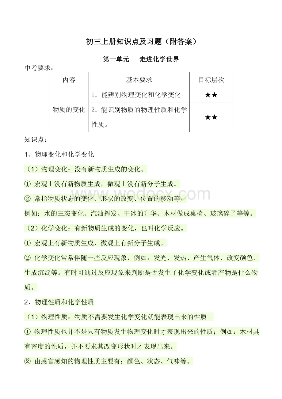 初三化学上册知识点及习题.doc_第1页