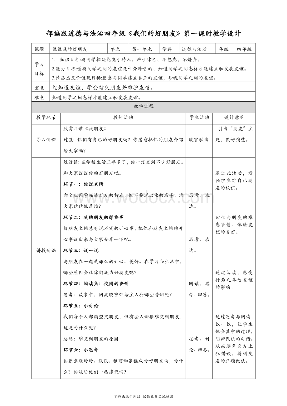 部编人教版四年级下册道德与法治全册教案（教学设计）.doc_第1页