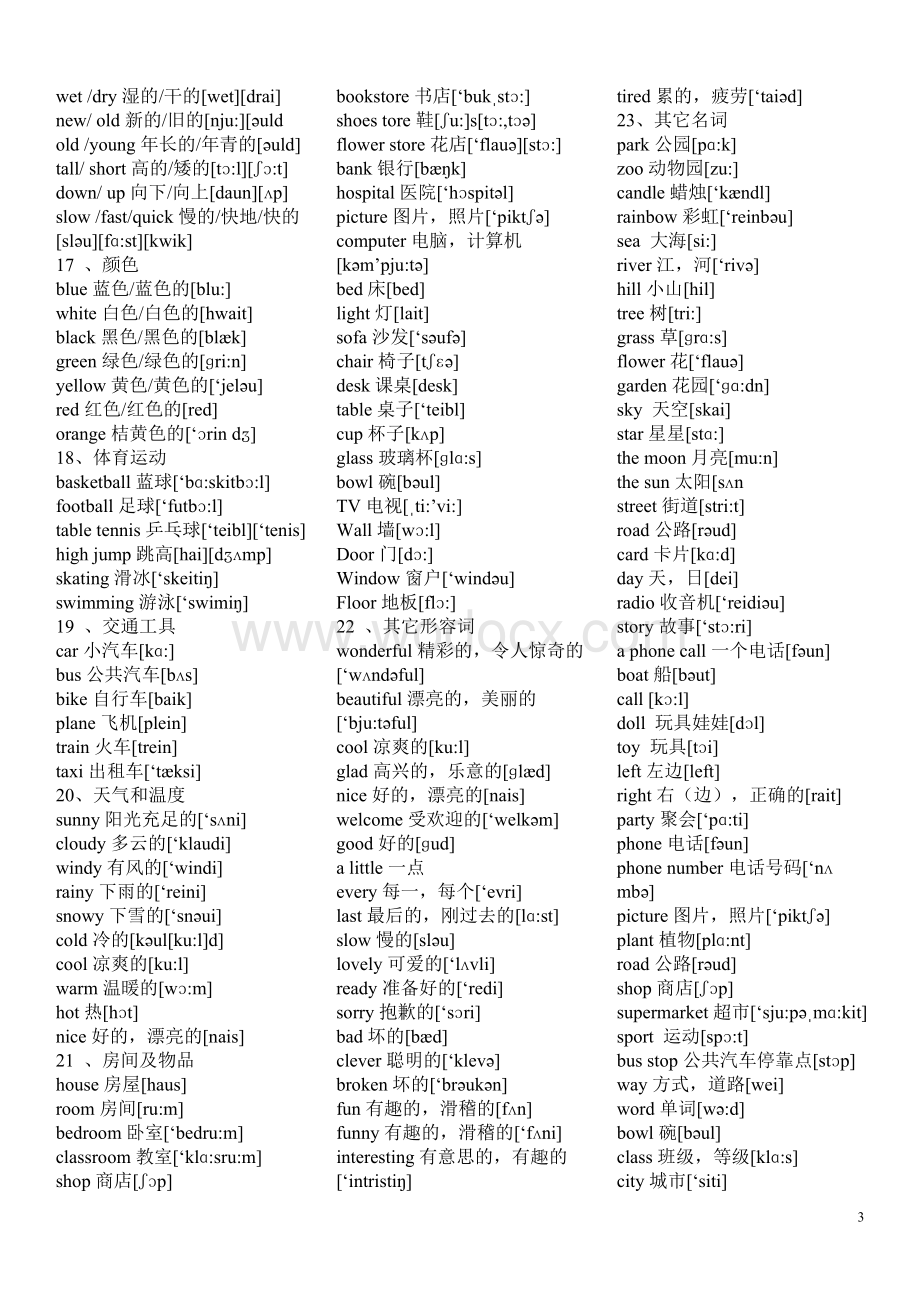 PEP小学英语三至六年级英语单词分类汇总表(含音标).doc_第3页
