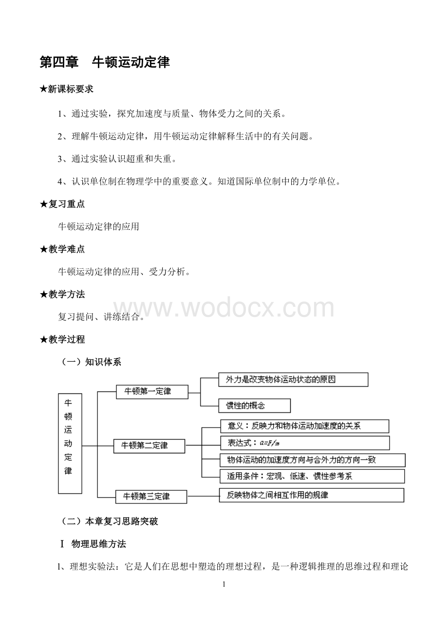 新课标人教版高一物理必修1教案第四章_牛顿运动定律复习教案.doc_第1页