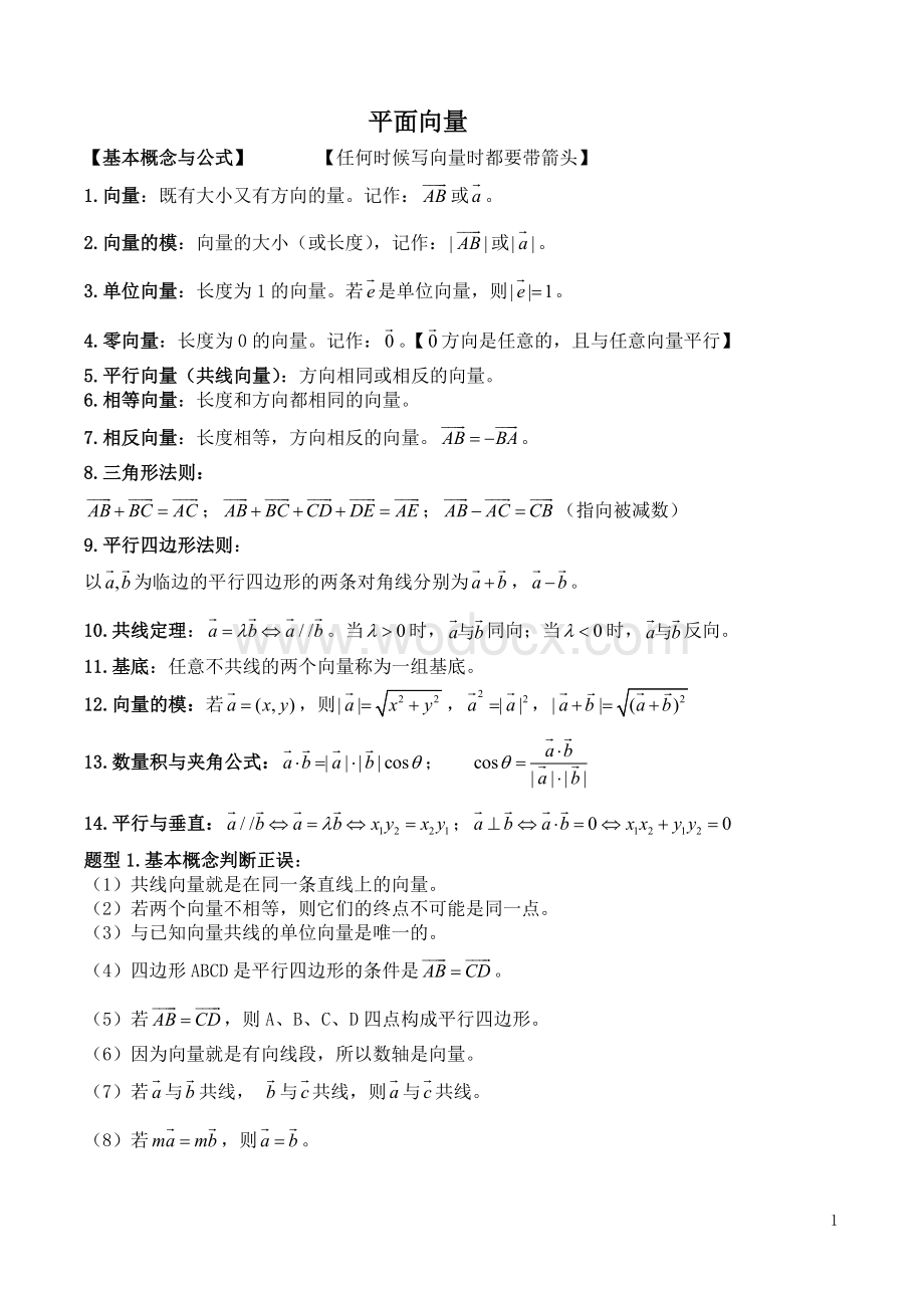 高中数学必修4平面向量知识点与典型例题总结.doc_第1页