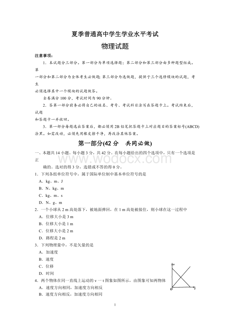 山东夏季普通高中学业水平考试物理试题.doc_第1页