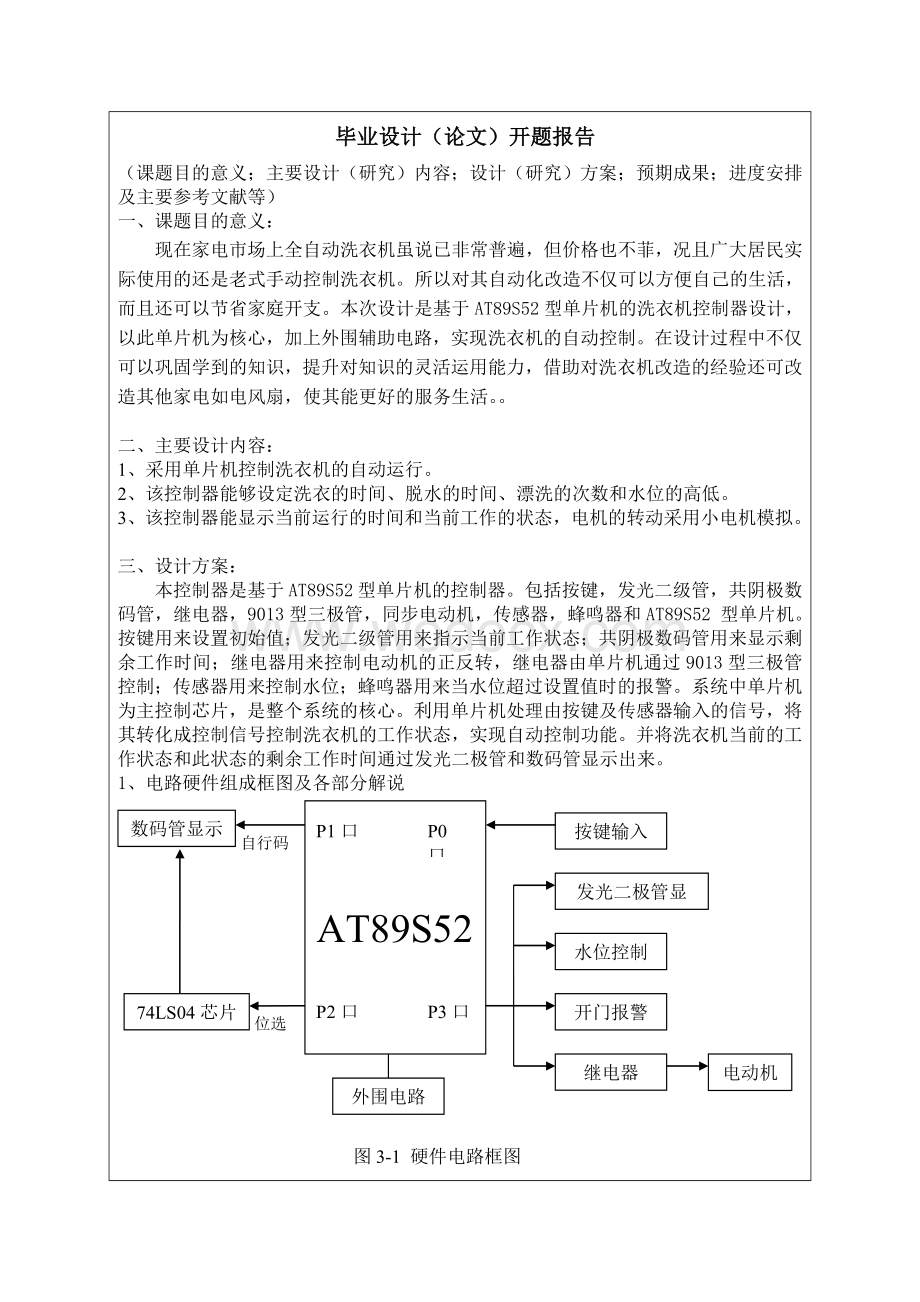 基于单片机的洗衣机自动控制器设计开题报告.doc_第1页