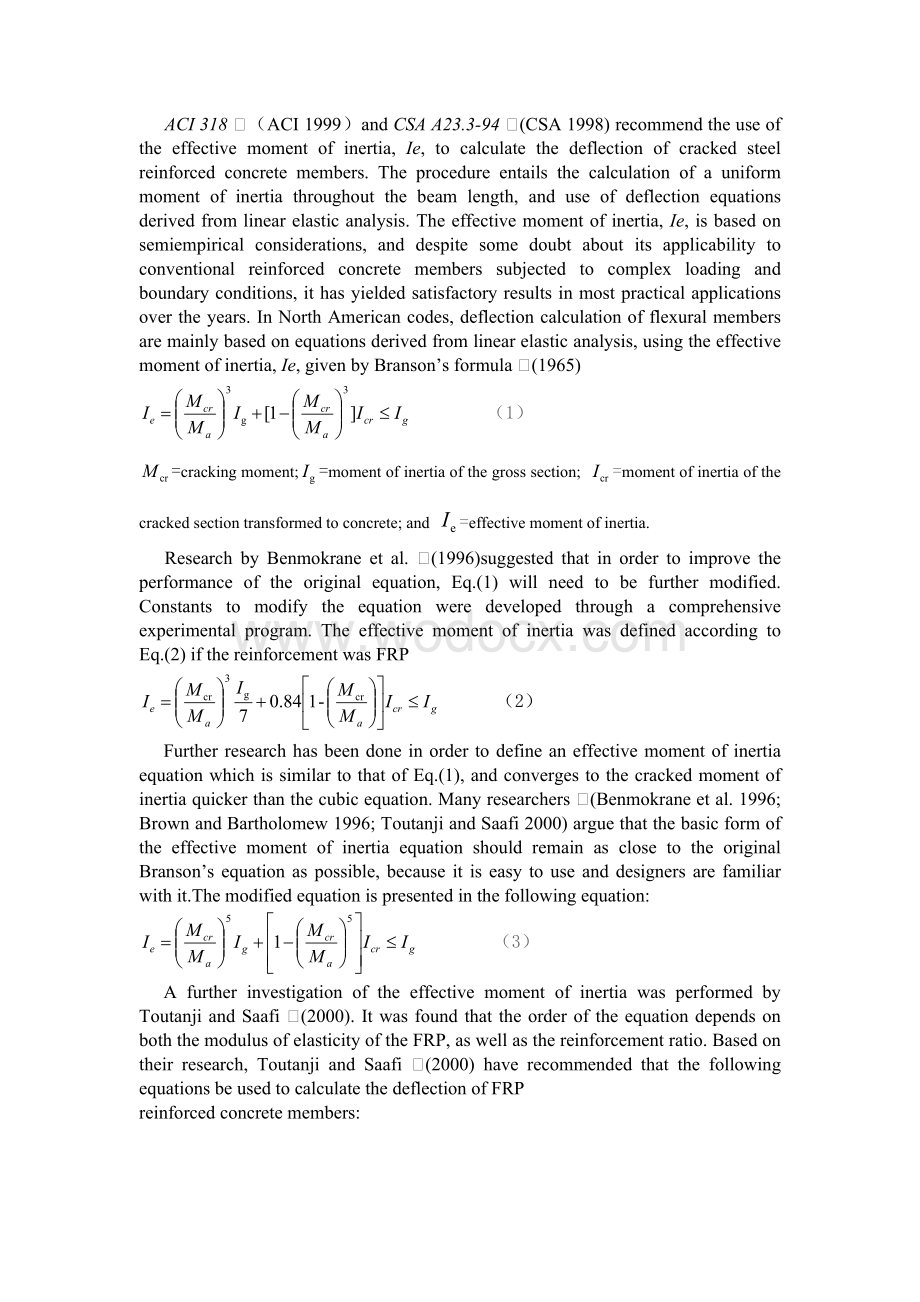 土木工程专业毕业设计英文翻译Criical Review of Deflecion Formulas for FRP-RC Members.doc_第2页