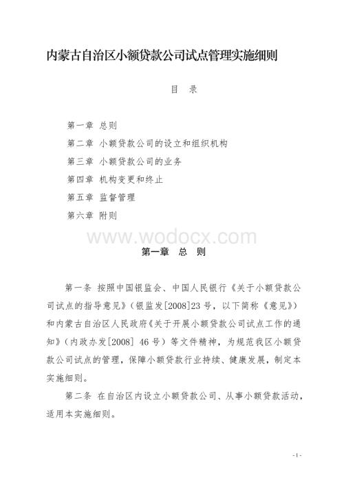 内蒙古自治区小额贷款公司试点管理实施细则.doc