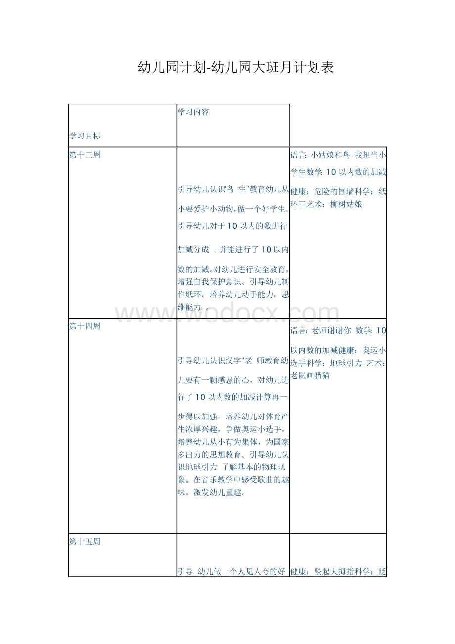 幼儿园计划-幼儿园大班月计划表.docx_第1页