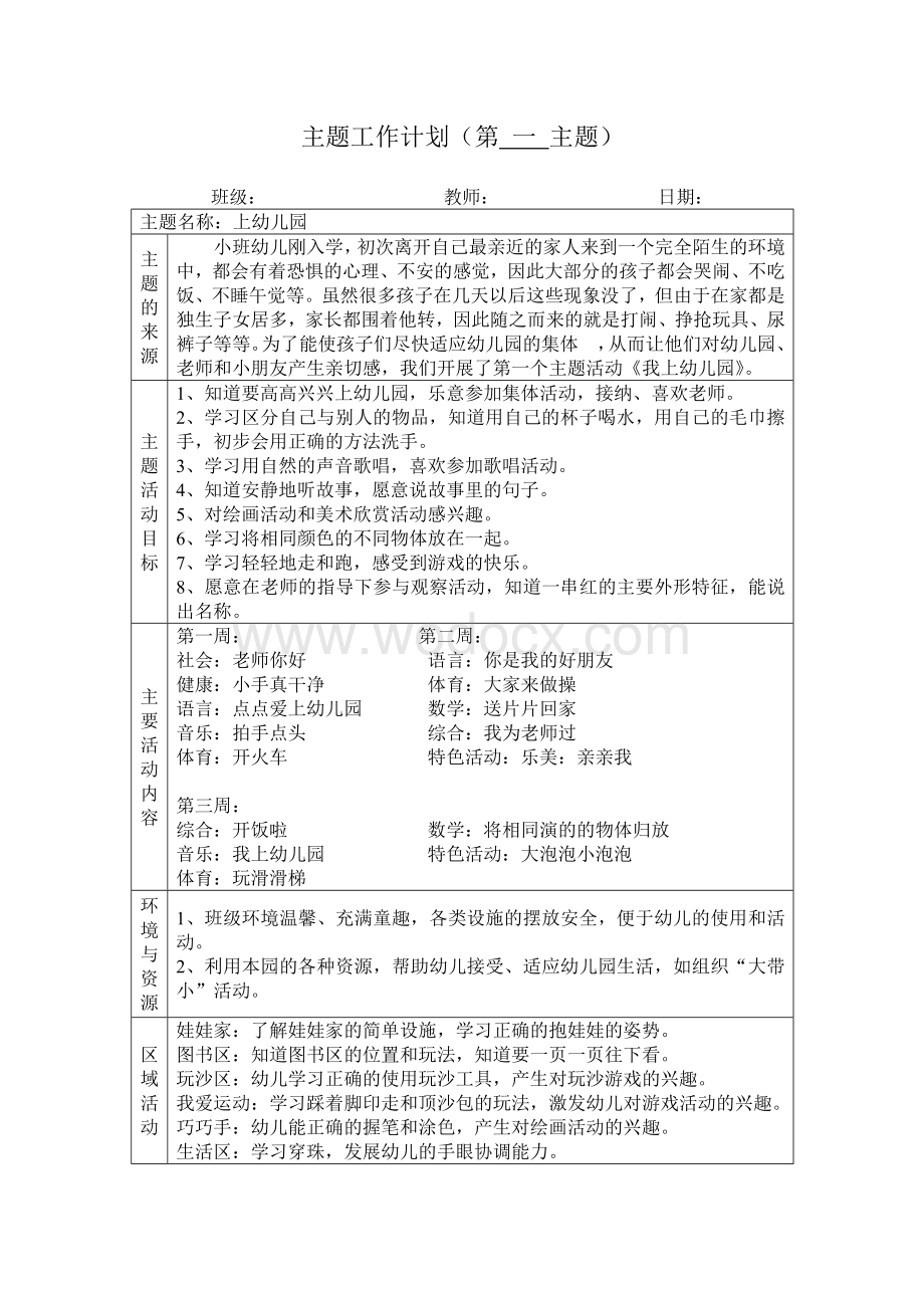 幼儿园小班第一主题我上幼儿园主题计划.doc_第1页