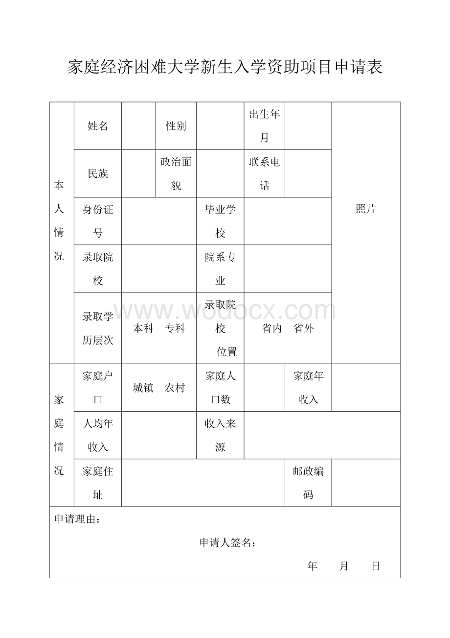 家庭经济困难大学新生入学资助项目申请表.doc_第1页