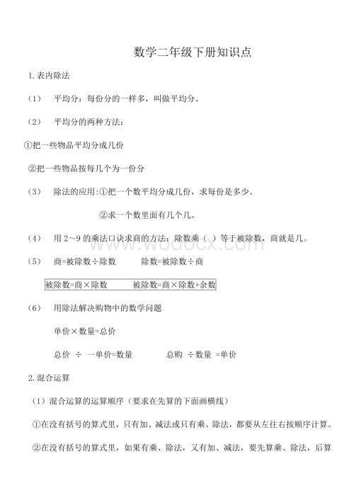 人教版二年级下册数学知识点总结复习资料.docx