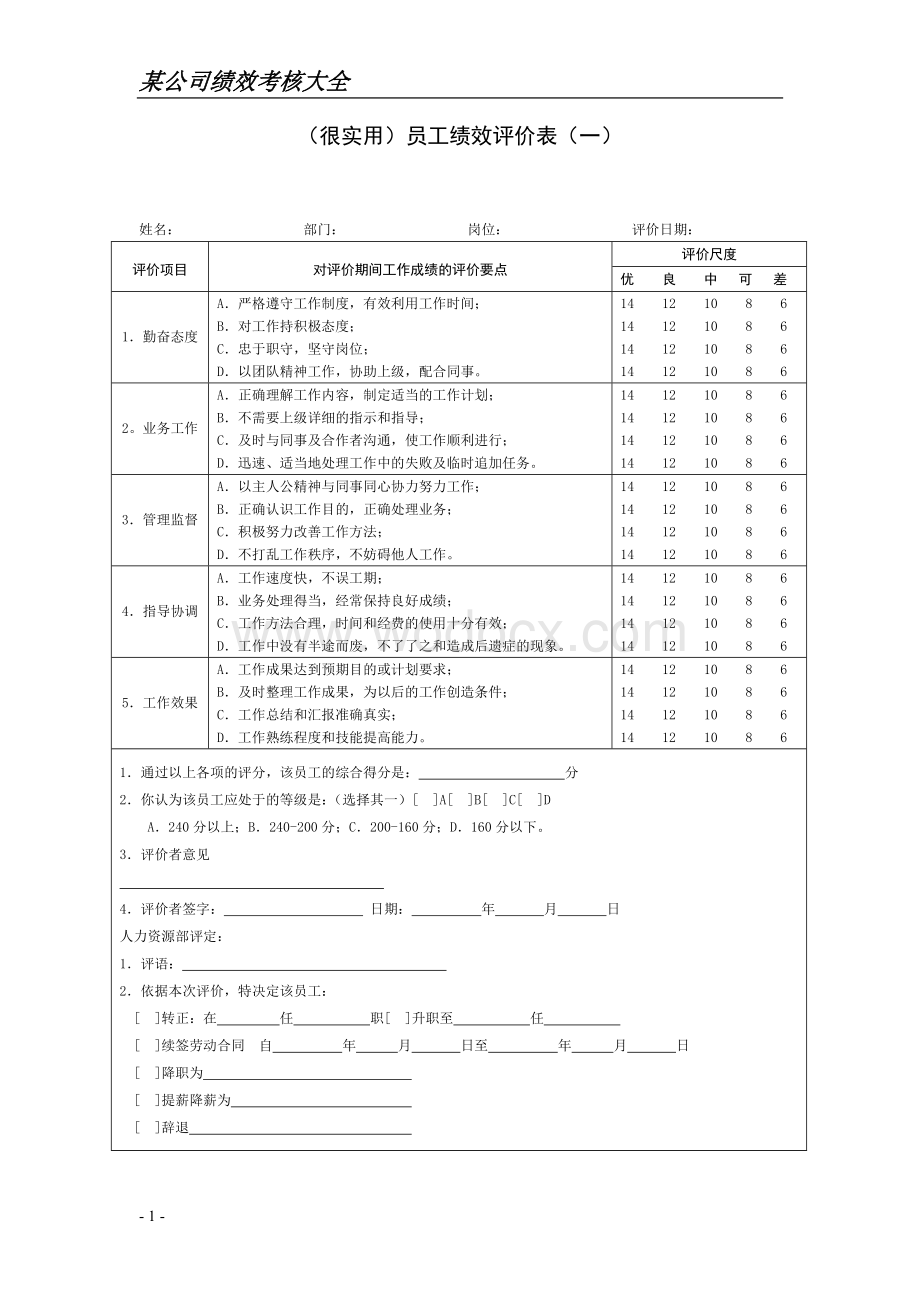 最新公司绩效考核表格大全(适合大小公司).doc_第1页