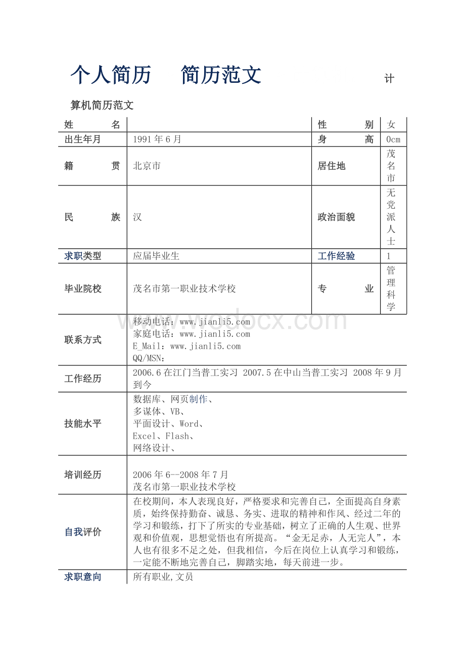 个人简历简历范文.doc_第1页