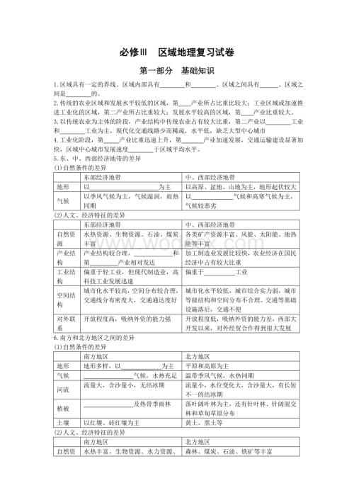 (学生用)必修Ⅲ区域地理复习基础知识试卷.doc