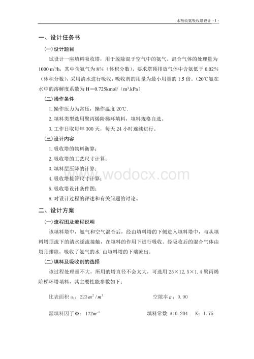 水吸收氨过程填料吸收塔设计.doc