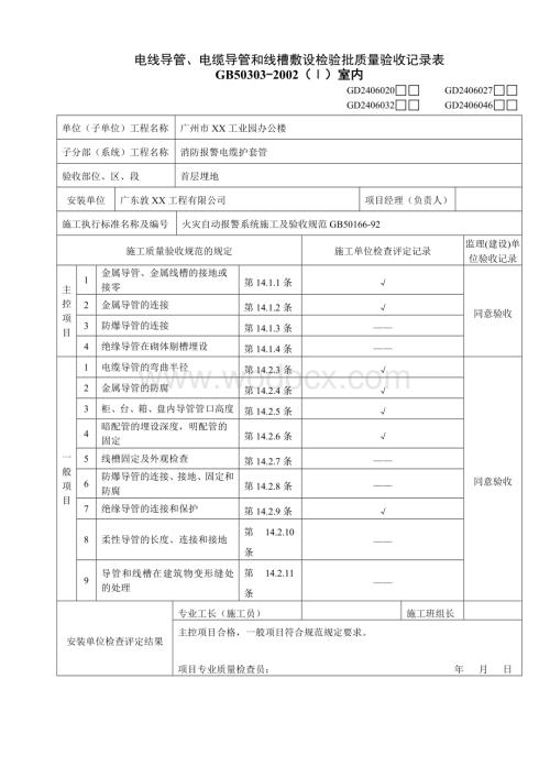 电线导管、电缆导管和线槽敷设检验批质量验收记录表(电缆护套管).doc