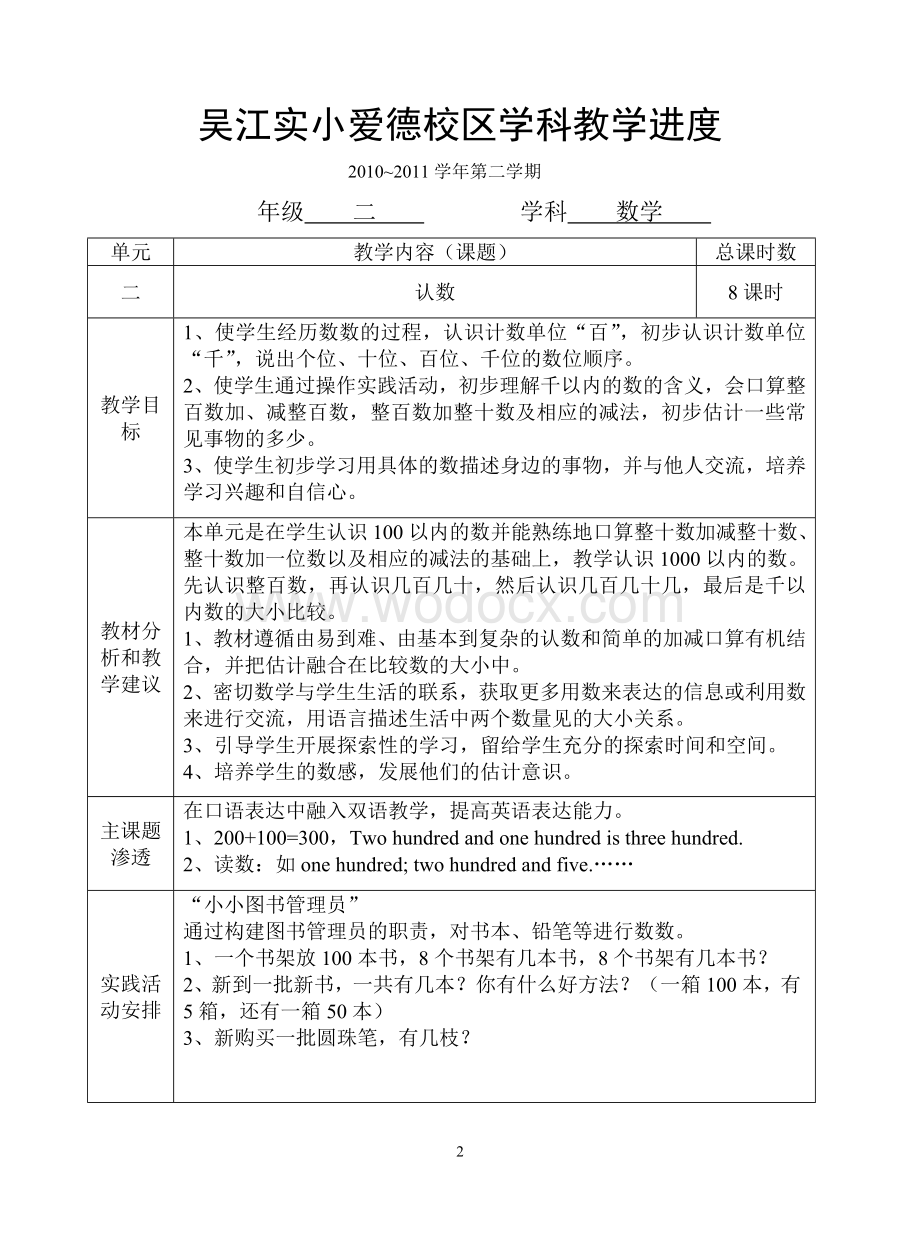 苏教版二年级第二学期数学教学计划及进度.doc_第2页