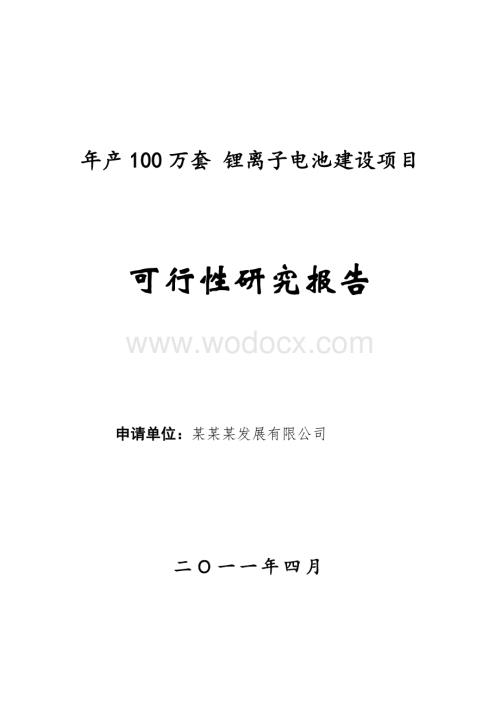 年产100万套锂离子电池建设项目可行性研究报告（含财务表）.doc