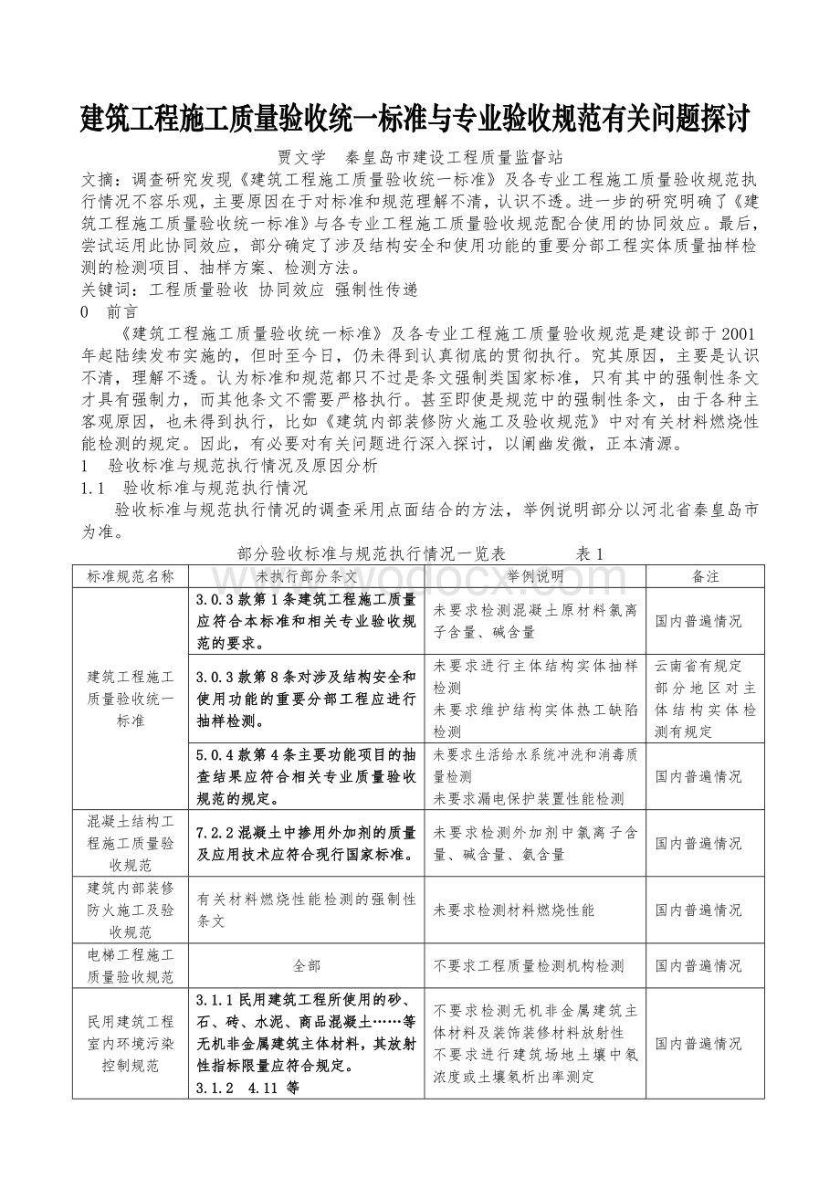 建筑工程施工质量验收统一标准与专项验收规范有关问题探讨.doc_第1页