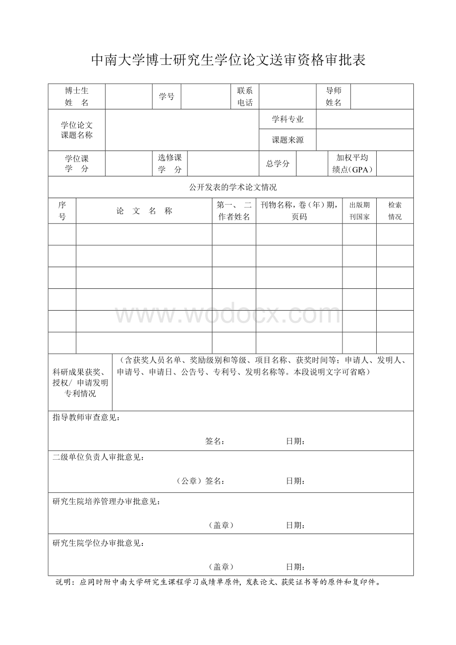 中南大学博士研究生学位论文送审资格审批表.doc_第1页