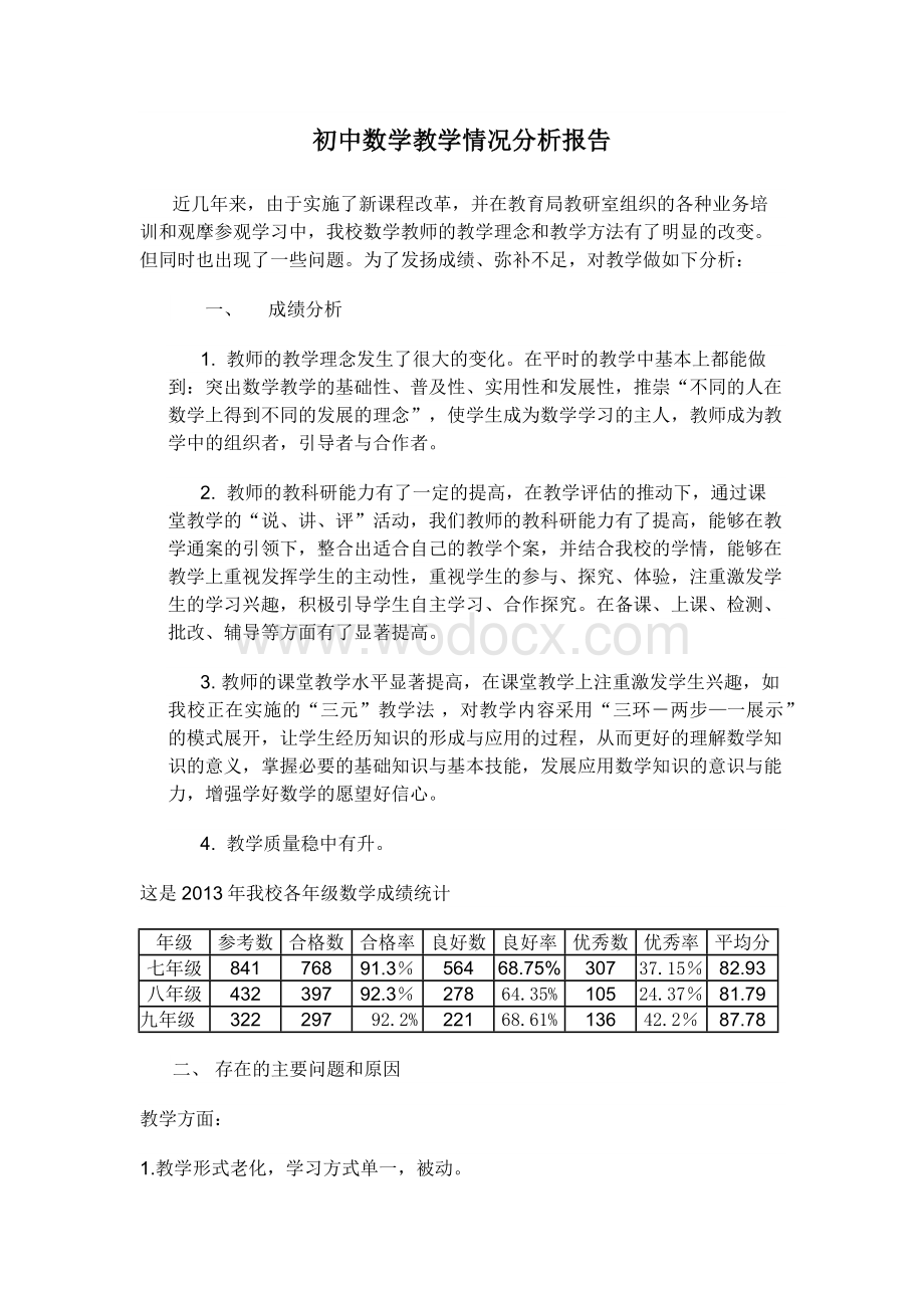 初中数学教学情况分析报告.docx_第1页