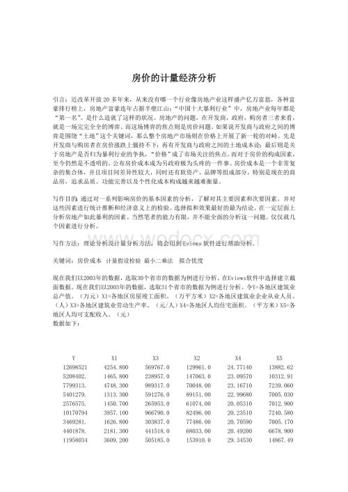 计量经济学论文(eviews分析)-房价的计量经济分析.doc