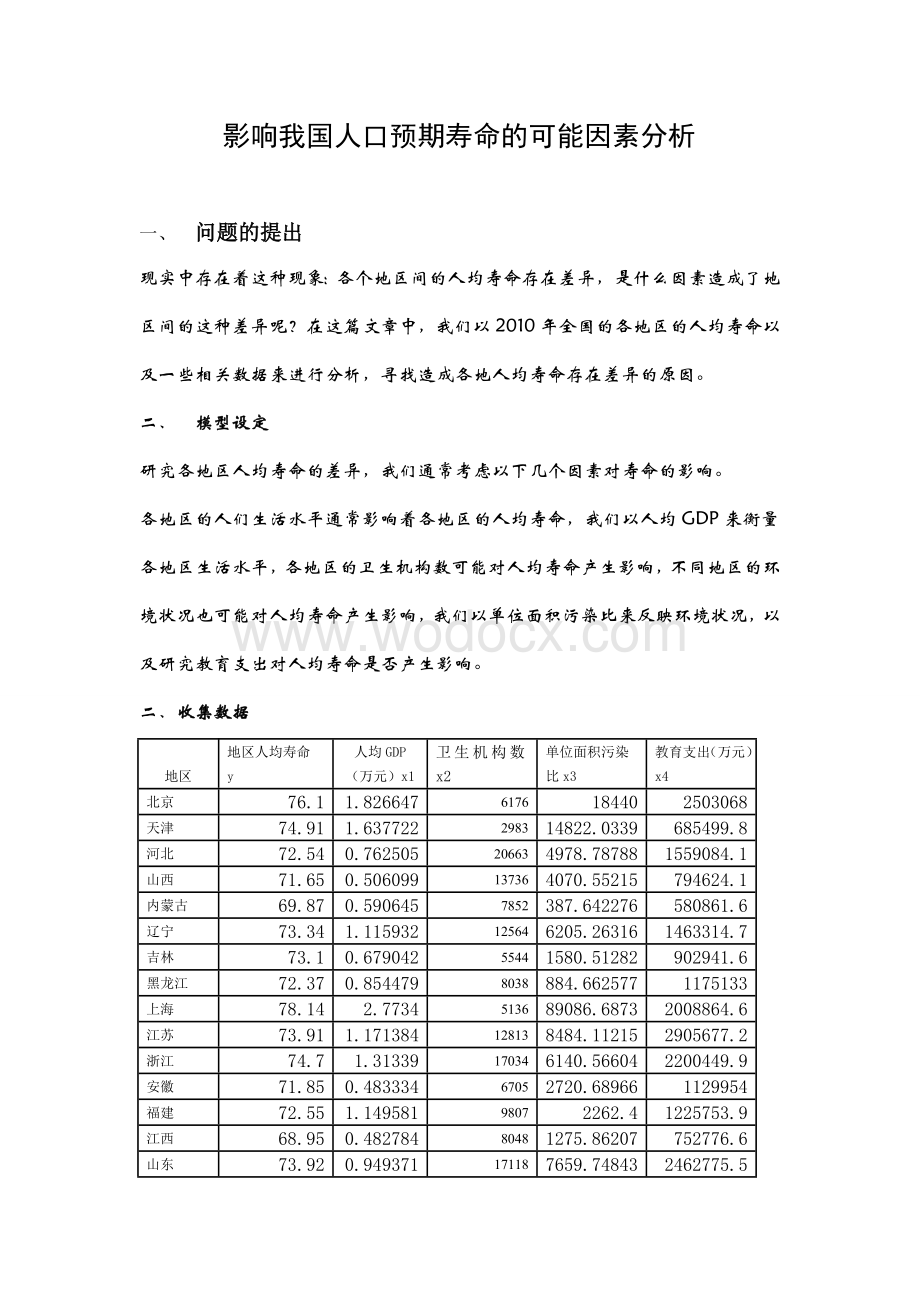 (作业)计量经济学论文(eviews分析)《影响我国人口预期寿命的可能因素分析》.doc_第1页