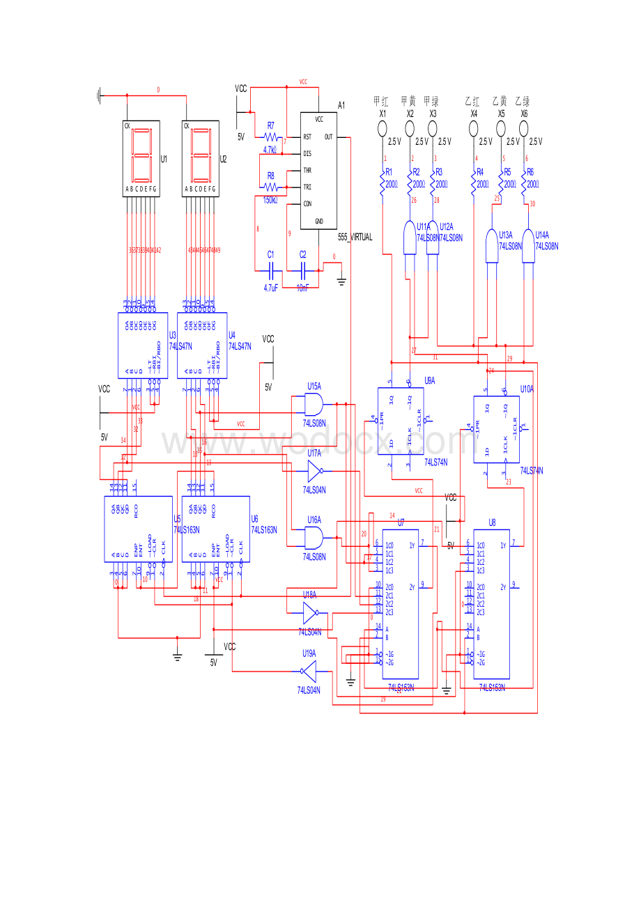交通灯-总电路图-毕业设计-数字电路-multisim-仿真.doc_第1页
