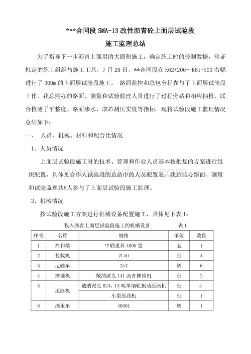 SMA-13改性沥青砼上面层试验段监理总结.doc