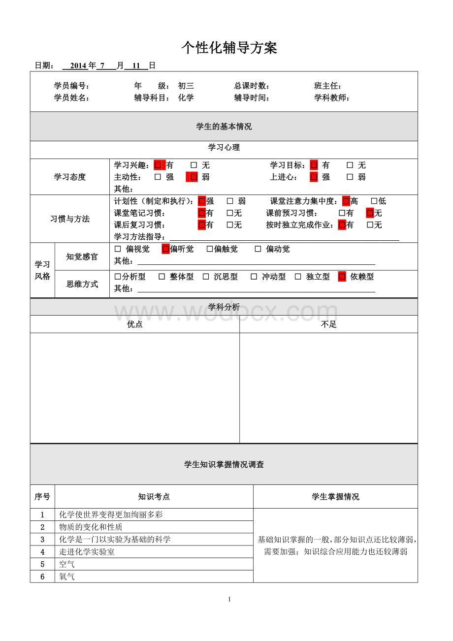 个性化辅导方案模板.doc_第1页