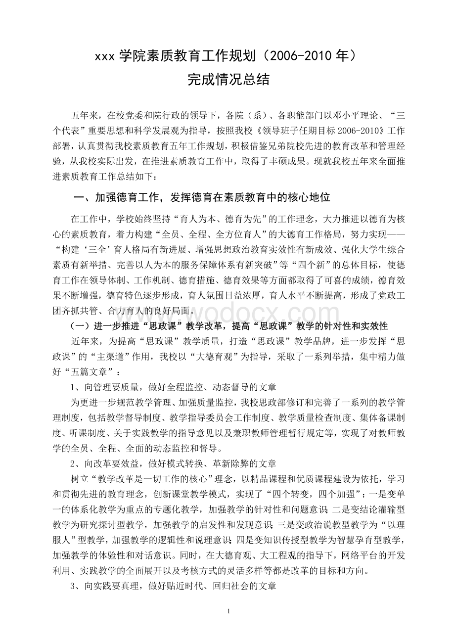 xx学院素质教育工作规划完成情况总结.doc_第1页