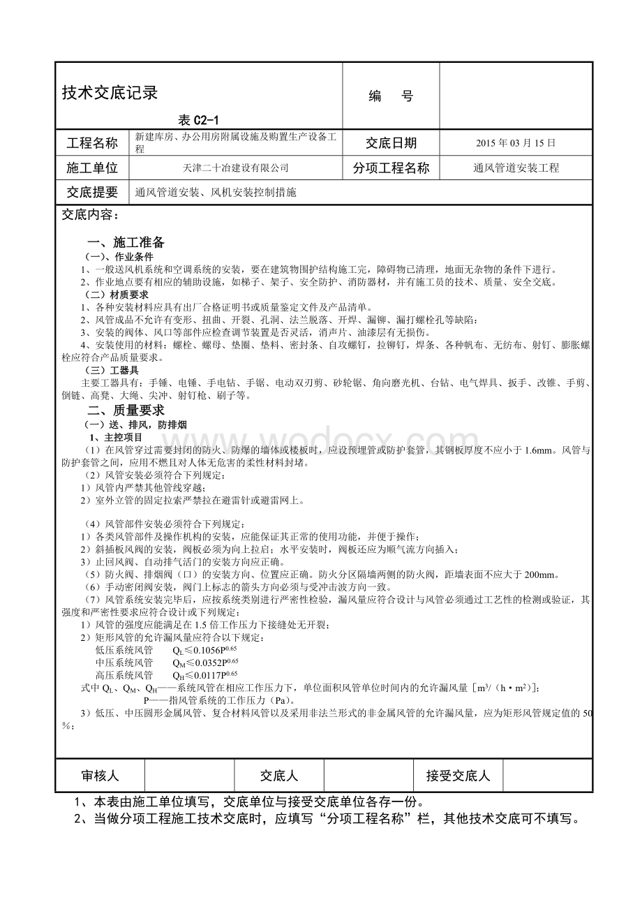 某城市办公用房通风管道安装技术交底施工方案.doc_第1页