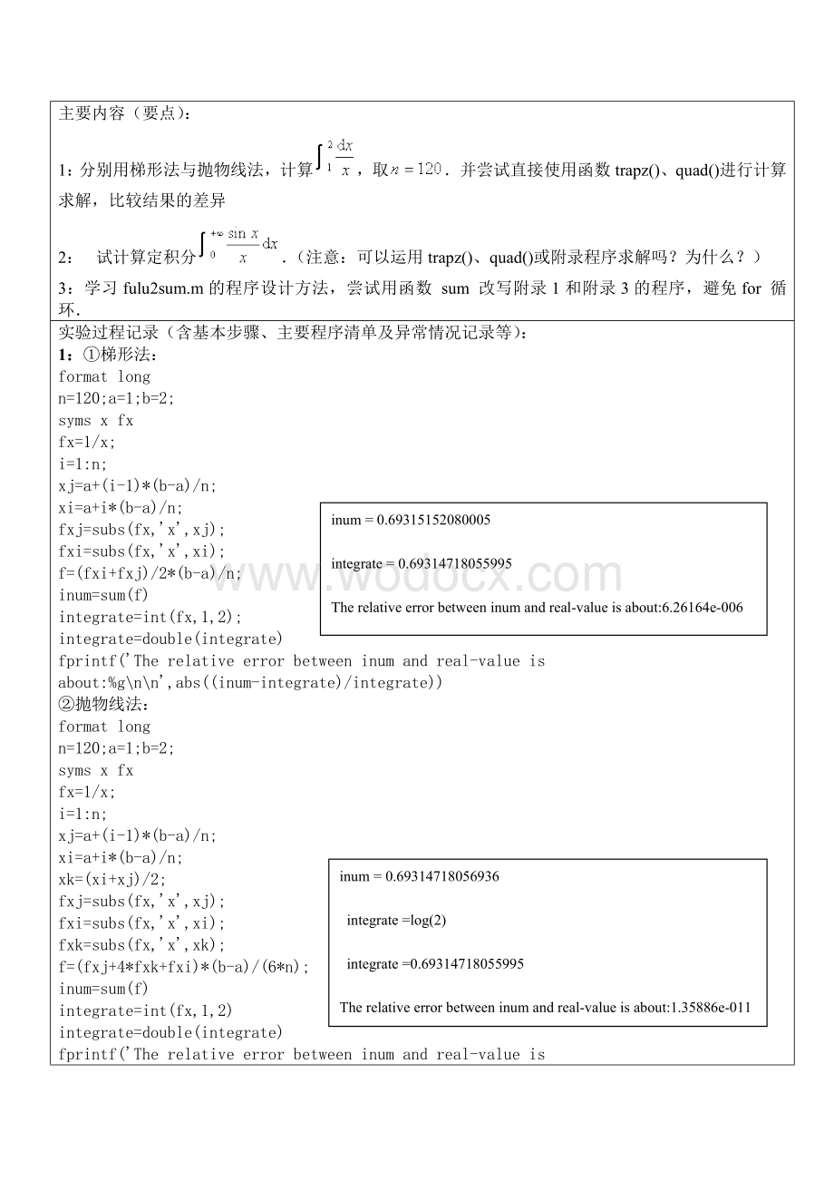 matlab实验报告定积分的近似计算.doc_第3页