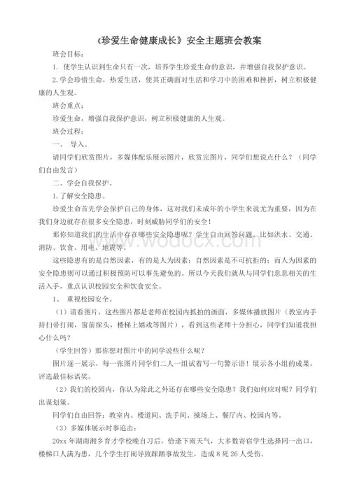 《珍爱生命健康成长》安全主题班会教案.doc