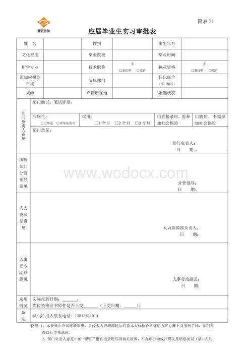 附表71 应届毕业生实习审批表HR-04.doc