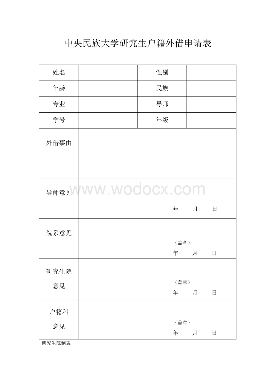 中央民族大学研究生户籍卡外借申请表.doc_第1页