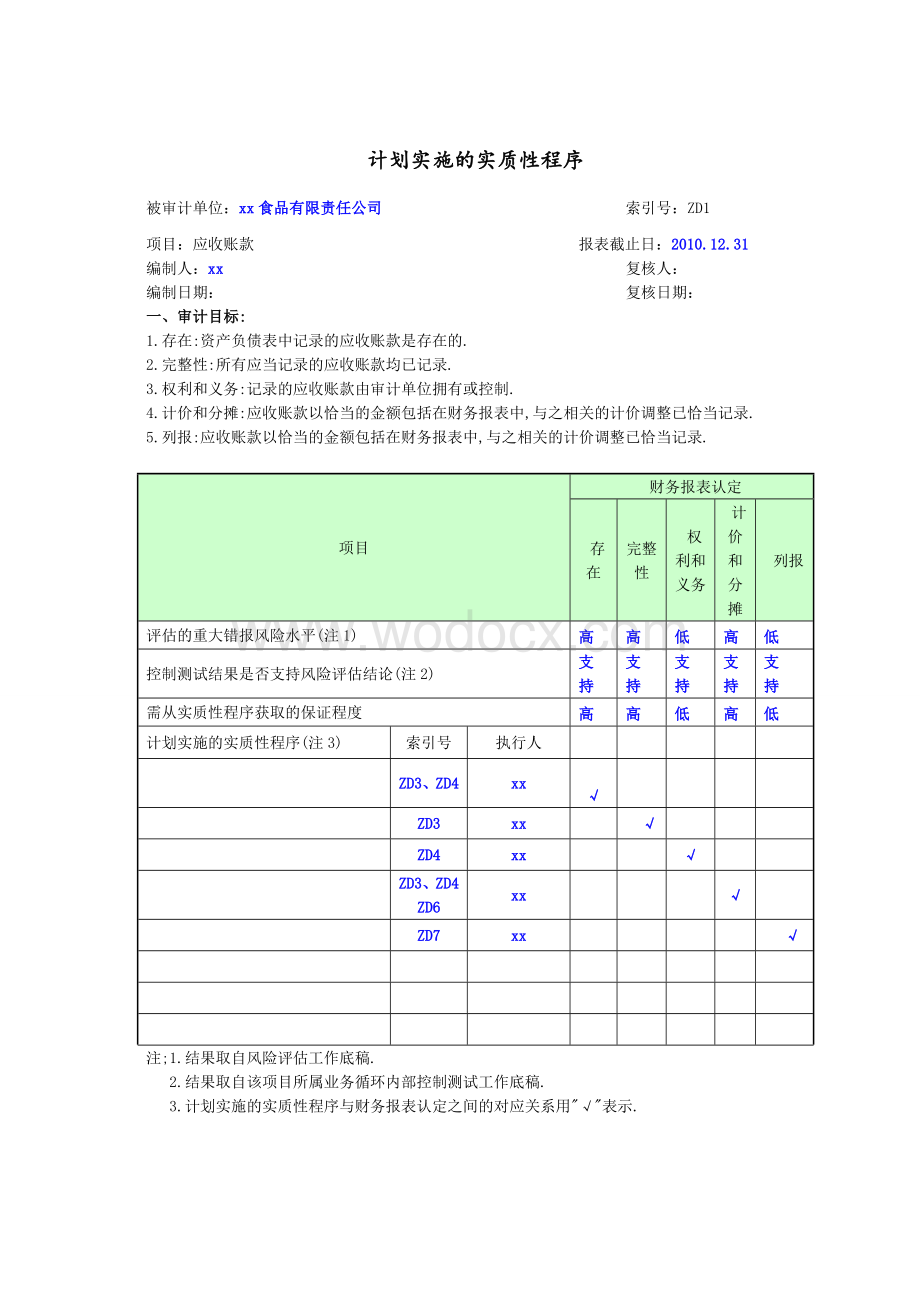 注册会计师审计综合实训五应收帐款实质性测试底稿.doc_第1页