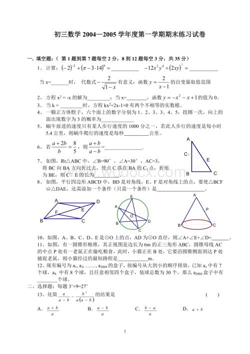 九年级（上）期末练习(1).doc