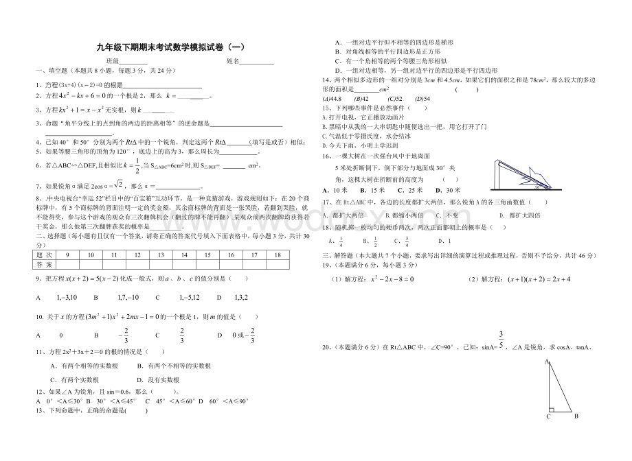 九年级下期期末考试数学模拟试卷.doc_第1页