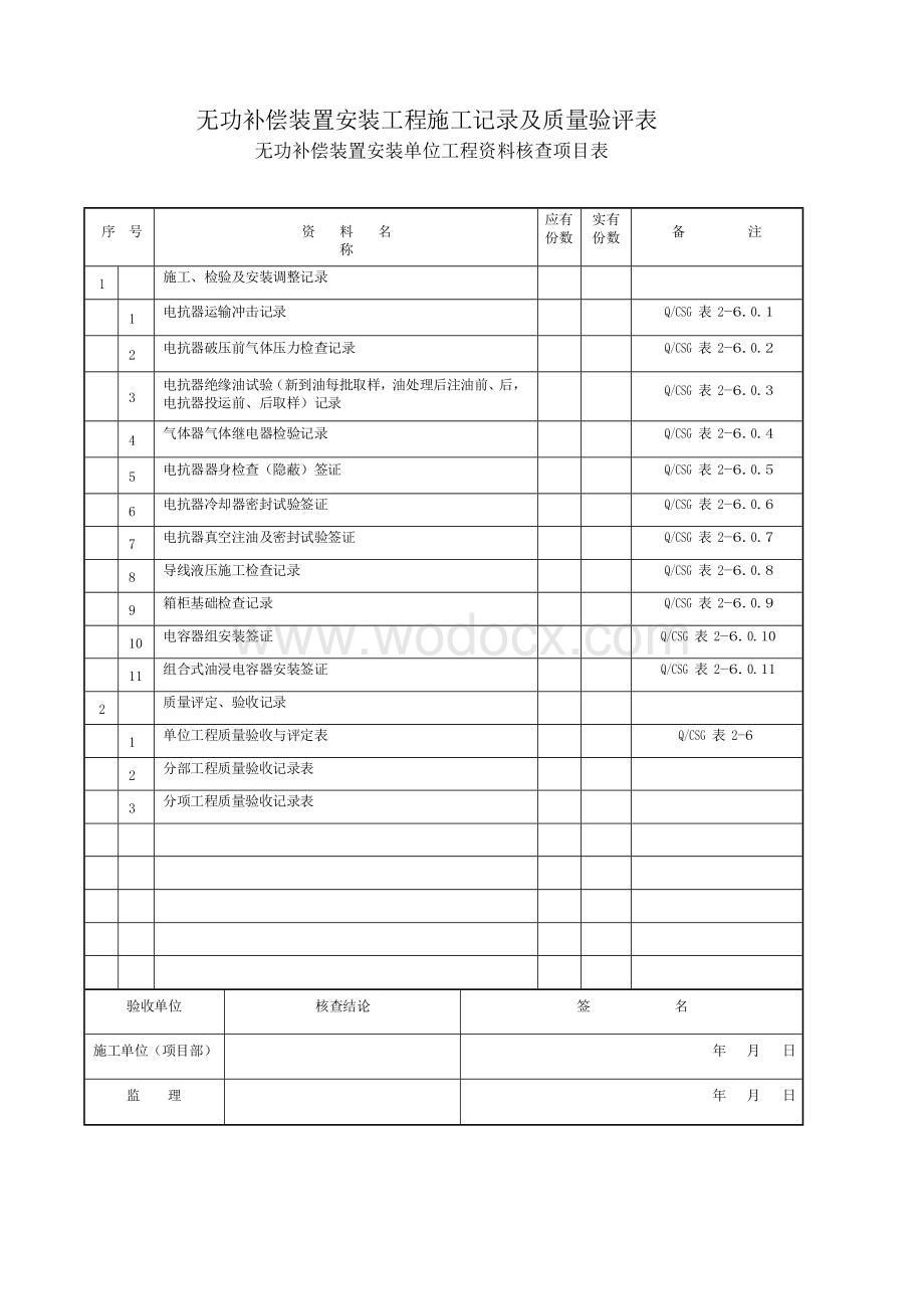 无功补偿装置安装工程施工记录及质量验评表.doc_第1页