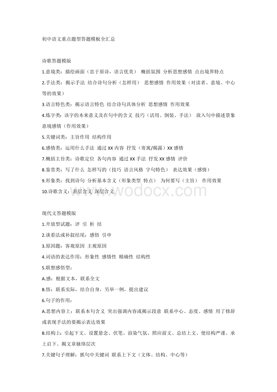 初中语文重点题型答题模板全汇总.docx_第1页
