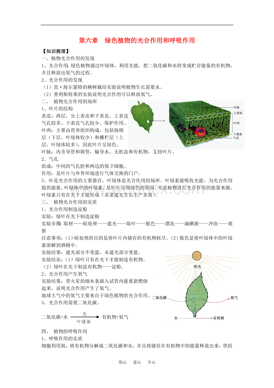 七年级生物上：第3单元第6章绿色植物的光合作用和呼吸作用复习学案苏教版.doc_第1页