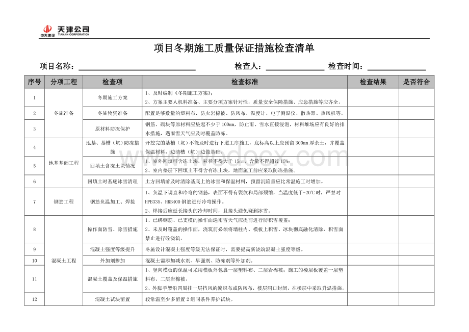 项目冬期施工质量保证措施检查清单.doc_第1页