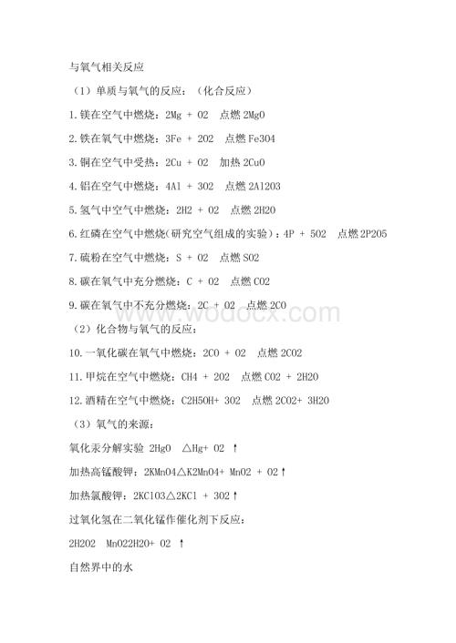 初中化学上册每章节的化学方程式.docx