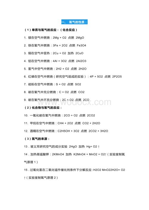 初中化学各单元化学方程式汇总.docx