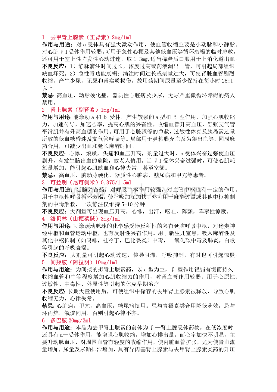 抢救药品药理作用及不良反应.docx_第1页