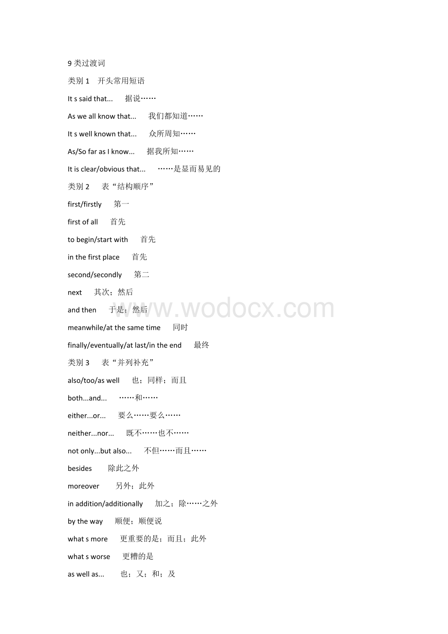 小学英语9类过渡词、30组同义表达.docx_第1页