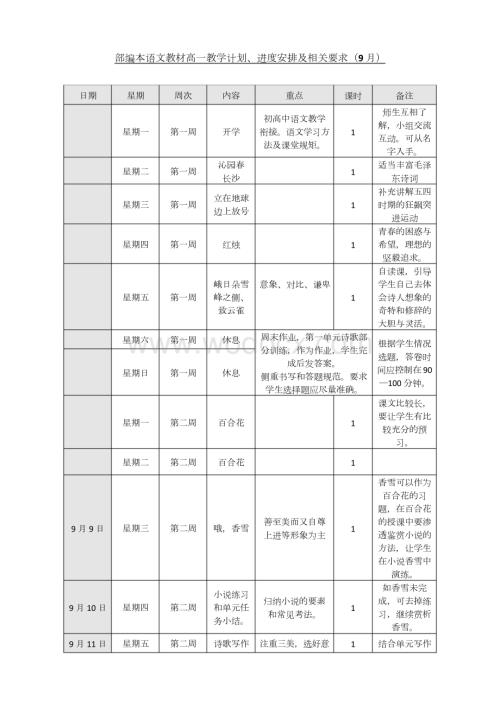 部编本语文教材高一教学计划、进度安排及相关要求(9月).docx