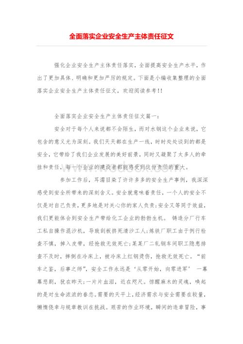 全面落实企业安全生产主体责任征文.doc