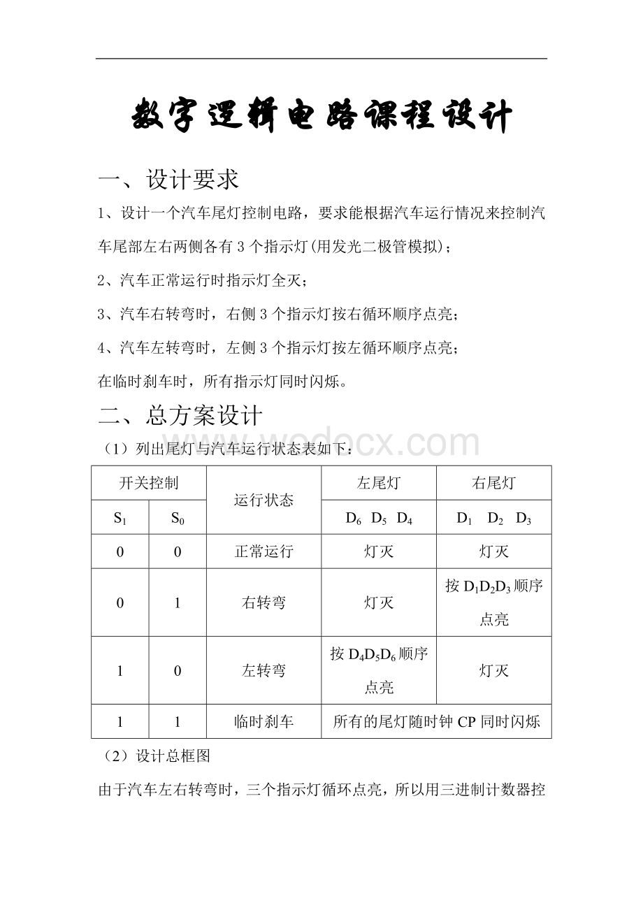 数电课程设计报告-汽车尾灯控制电路设计.doc_第1页